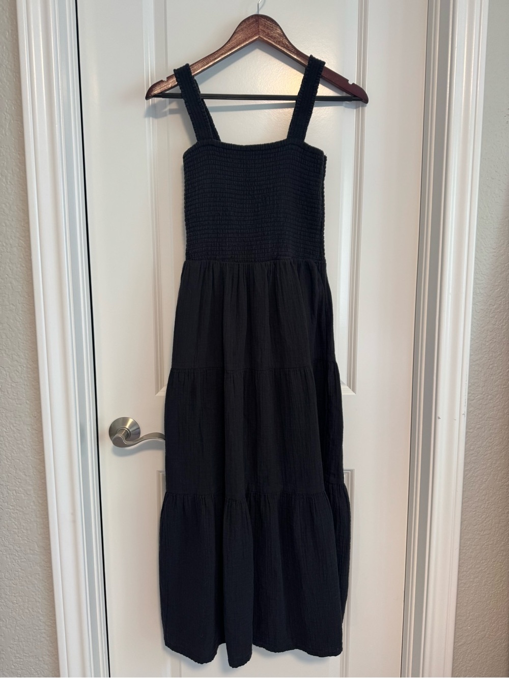 Quince Black Smocked Tiered Maxi Dress